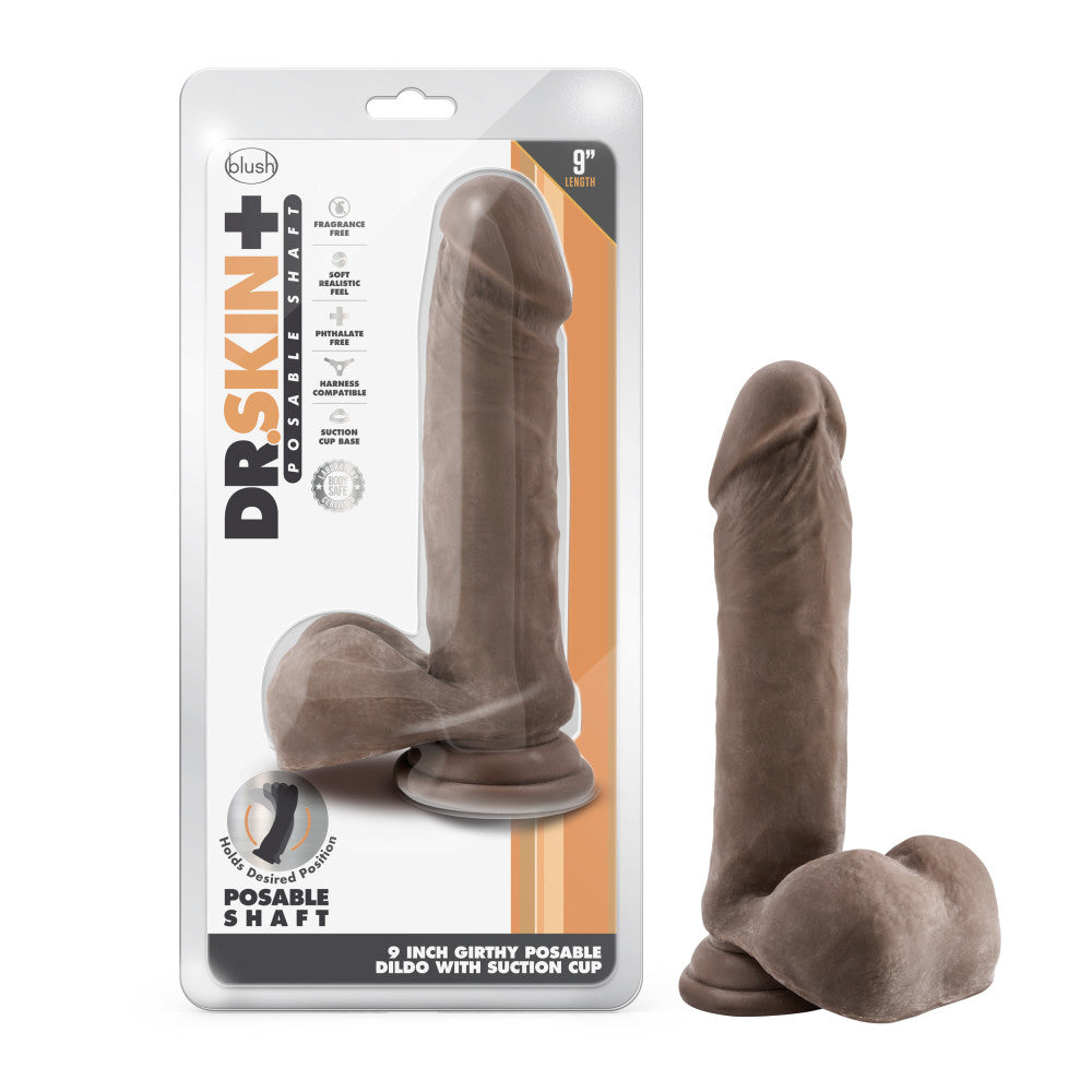 Dr. Skin Plus By Blush® | Realistic Chocolate 9-Inch Long Soft Yet Erect & Posable Dildo With Balls & Suction Cup Base、mySite、bottomscart