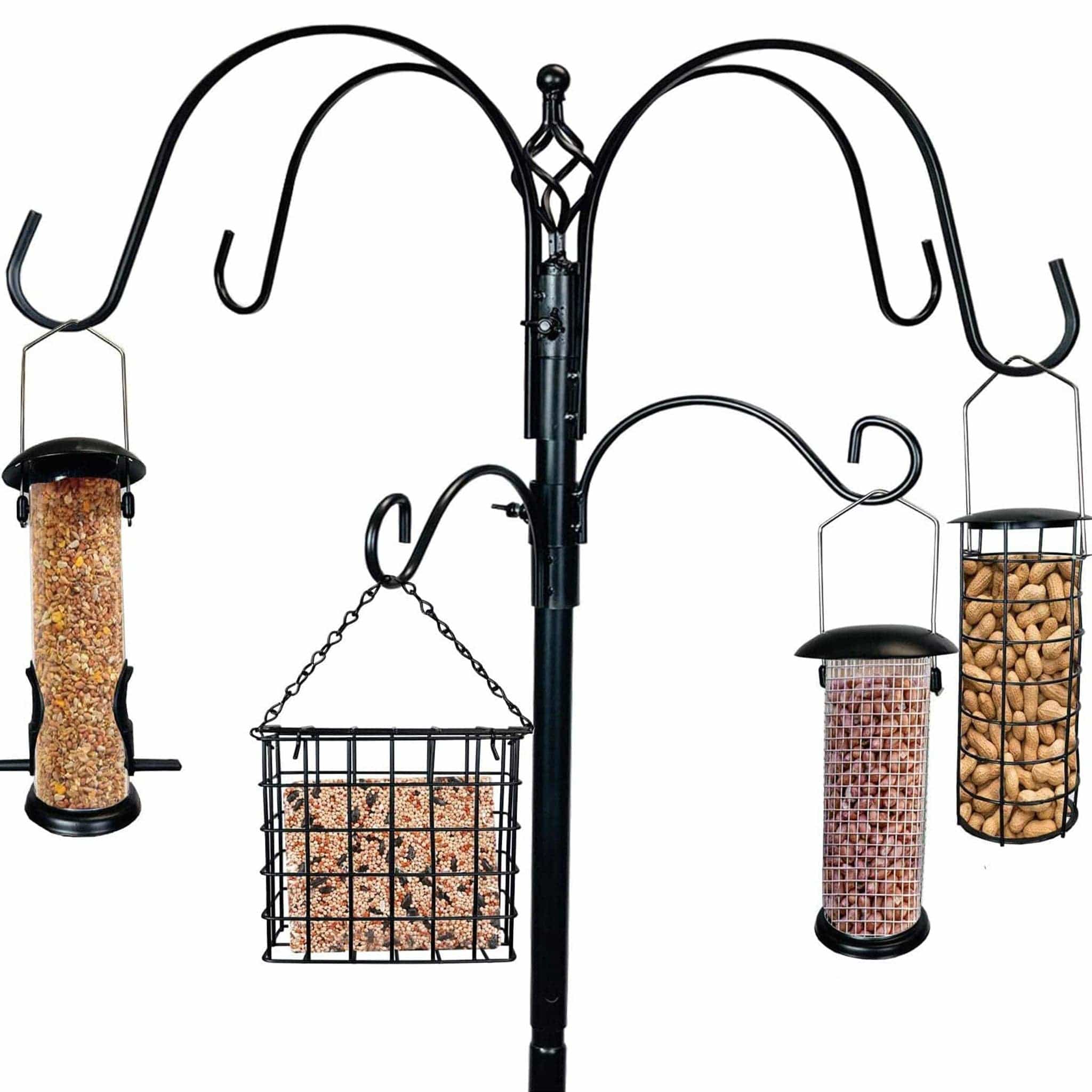 Ashman Online - Ashman Deluxe Premium Bird Feeding Station, 22 Wide x 91 Tall (82 inch Above Ground) Black with 4 Multiple Hooks and 4 Bird Feeders Hanging Kit.、mySite、g9winljtr