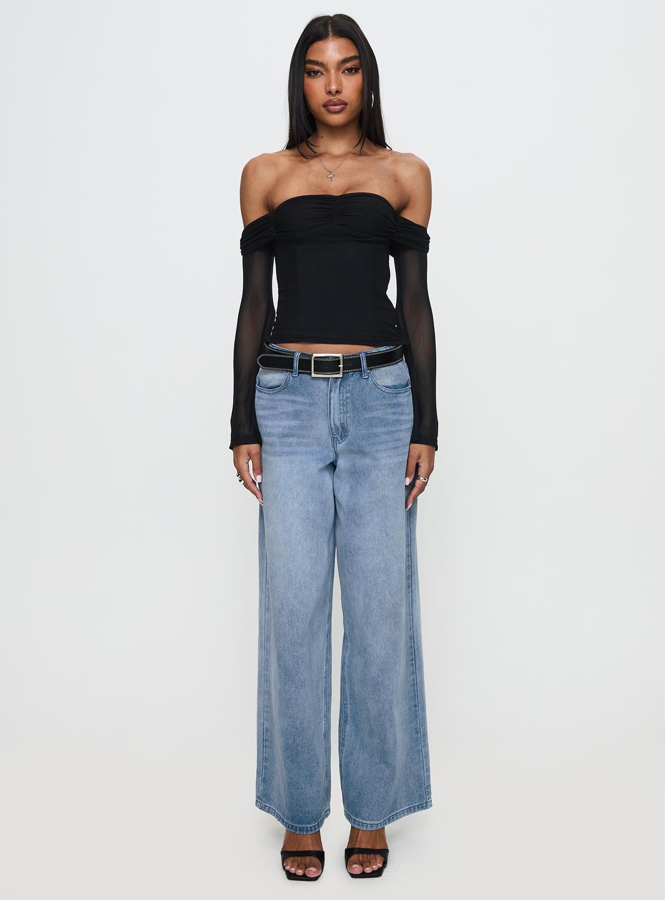 Saelan Off Shoulder Long Sleeve Top Black、mySite、solidvoid