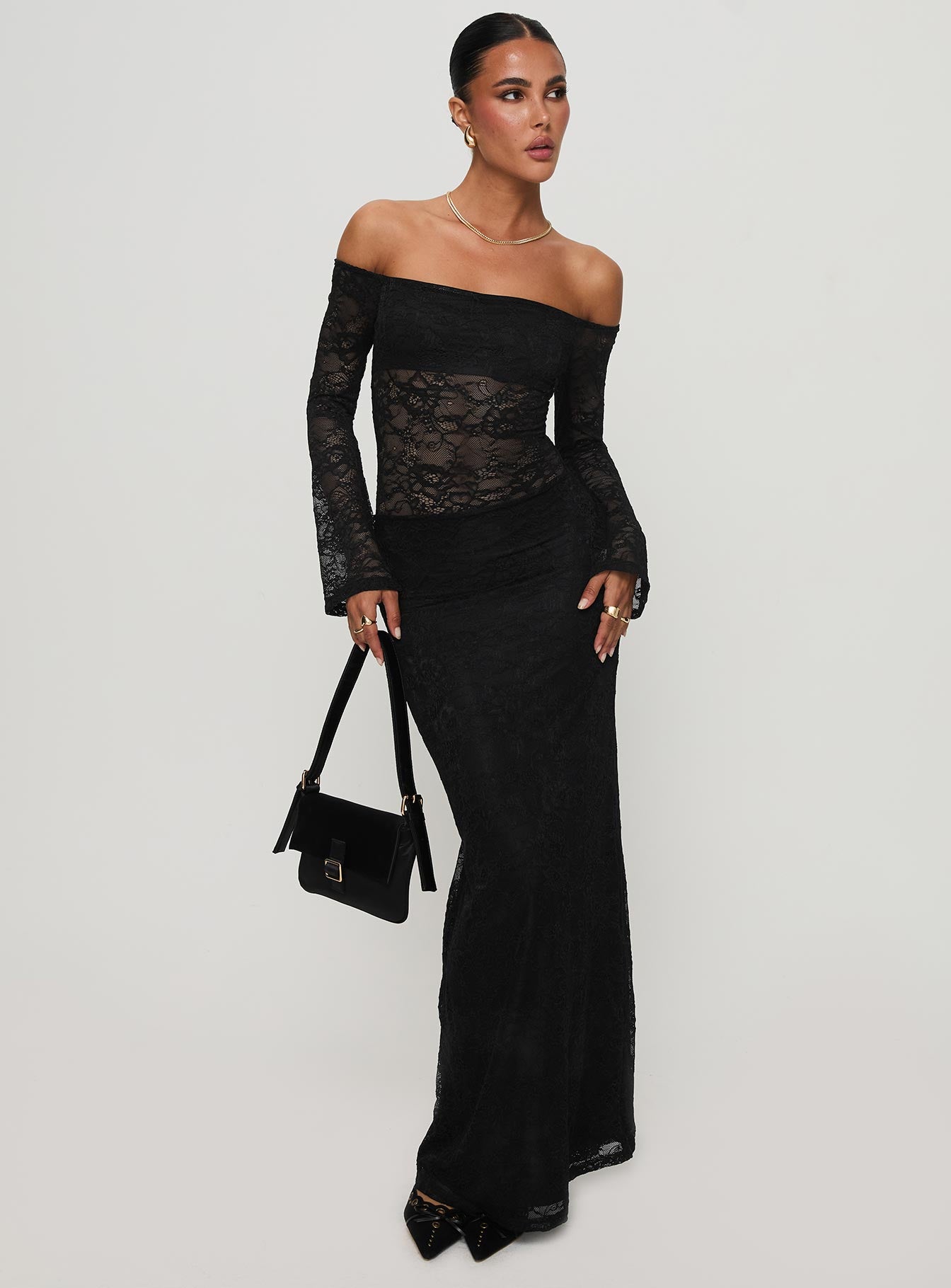 Pinot Grigio Long Sleeve Lace Maxi Dress Black、mySite、solidvoid