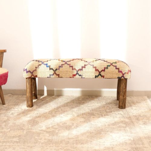 Decorative Jute Fabric Upholstered Multicolor Bench-45X14X18"、、xpatfood