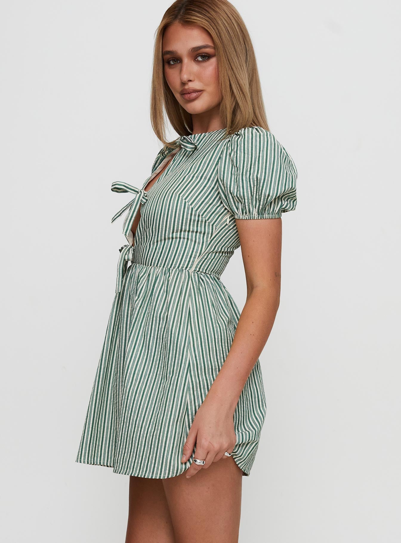 Nurture Bow Mini Dress Green Stripe、mySite、solidvoid
