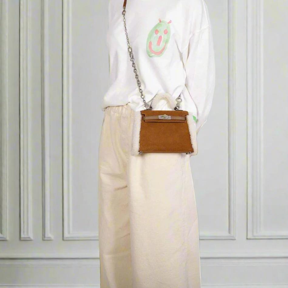 Hermès Teddy Mini Kelly 20 Chamois Grizzly, Alezan Swift and Ecru Mouton Shearling Palladium、mySite、garminoutage.com
