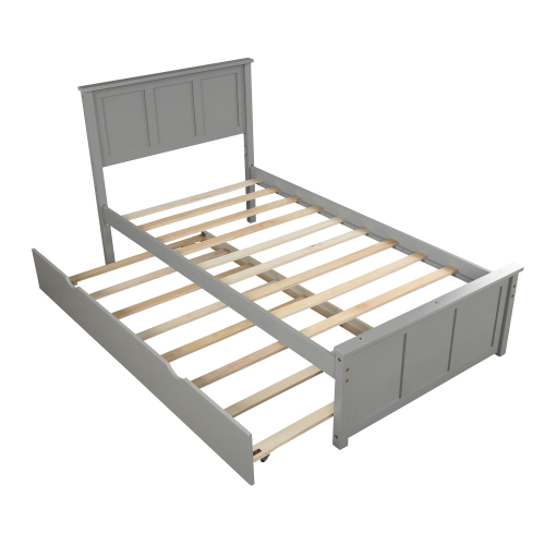 Platform Bed with Twin Size Trundle, Twin Size Frame, Gray、、casual
