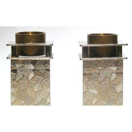 Joy Stember Pewter and Brass Shabbat Candlesticks with Patchwork Texture、mySite、topwebapps