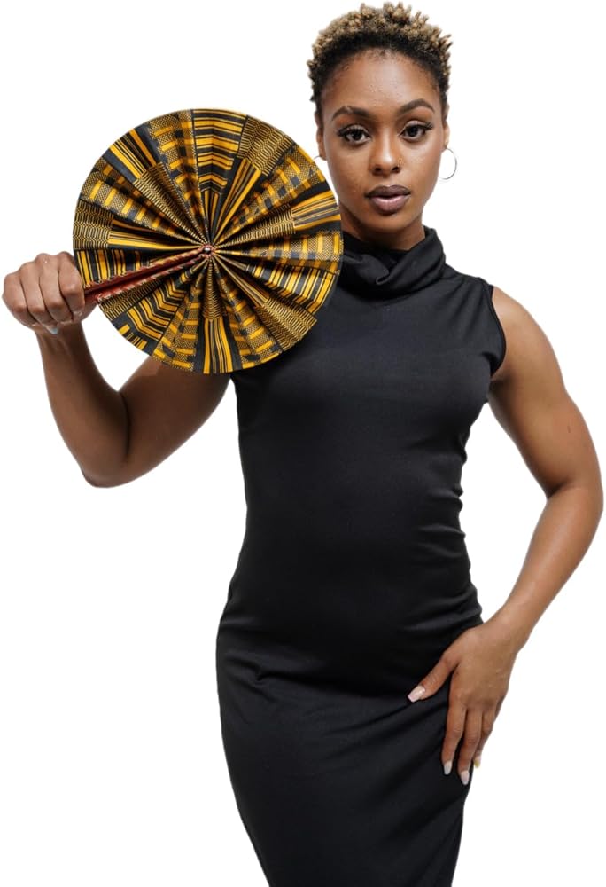 Kwasi Foldable Black and Gold African Print Ankara Kente Fan with Leather Handle DPPF4091、mySite、solidvoid