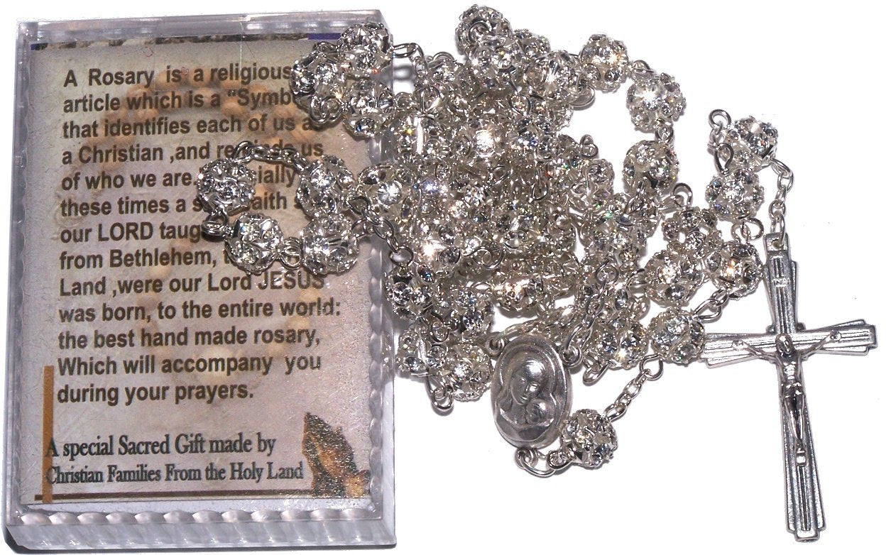  Multi Faceted Crystals Rosary - 8mm Crystal Rosary with Silver Tone Alpaca chain, Holy Land Soil and special Crucifix (White)、mySite、elrpsem3k