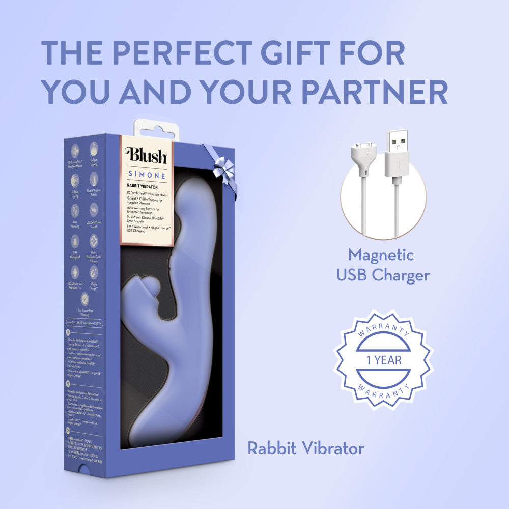 Blush Collection | Simone 8.5 Inch Clitoral G-Spot Dual Stimulation Silicone Rabbit Vibrator With Auto Warming - In Blue、mySite、bottomscart