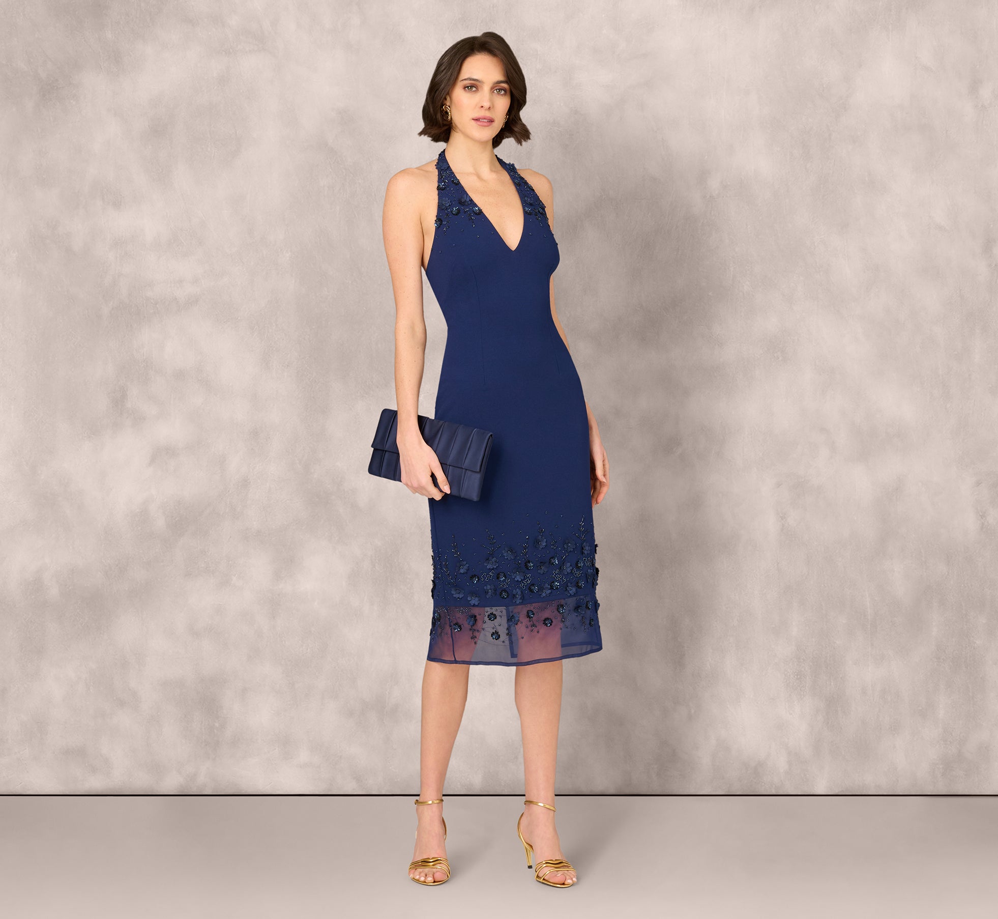 Sleeveless Beaded Organza Hem Halter Midi Dress In Navy、mySite、solidvoid