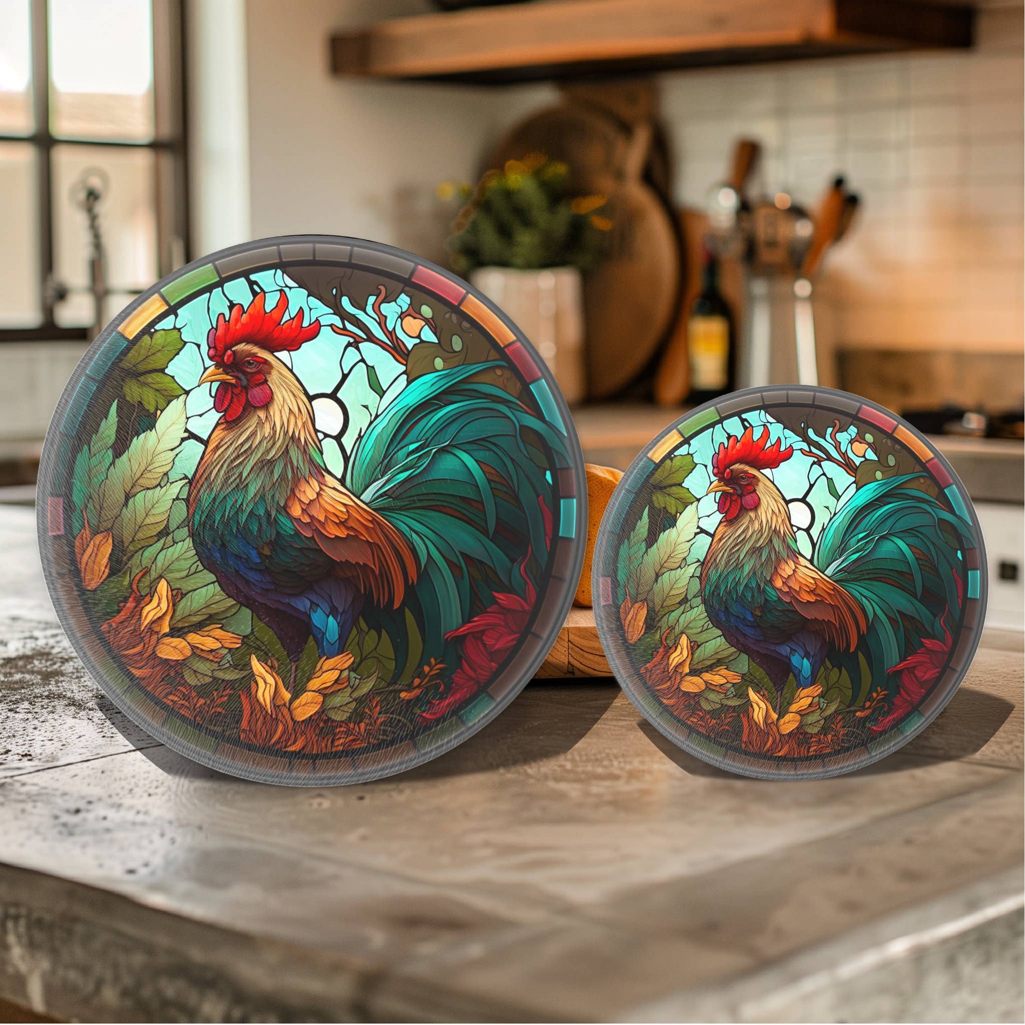 Rooster Tempered Glass Cutting & Serving Board Colorful Stained Glass Look、mySite、g9winljtr