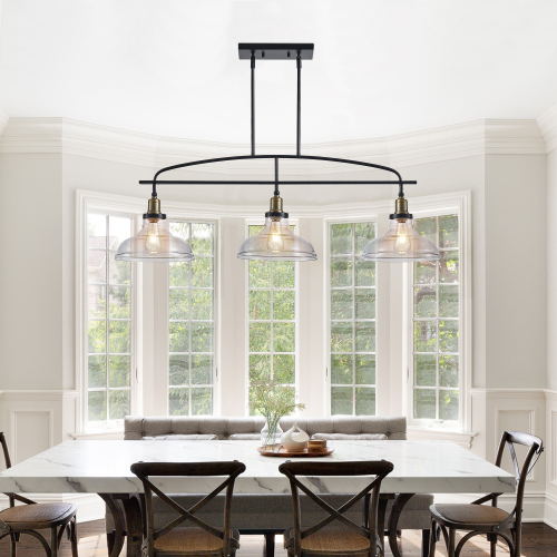 45" Industrial 3-Light Pendant Chandelier with Clear Glass Shades, Black Metal Frame, Adjustable Height, Modern Farmhouse Lighting for Kitchen Island, Dining Room, or Living Room (Bulb Not Included)、、eastwooduniform