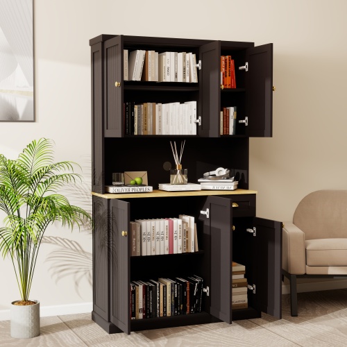 71" Kitchen Pantry Storage Cabinet with Microwave Oven Countertop, Freestanding Hutch Cabinet with Adjustable Shelves, 6 Doors and 1 Drawer-White、、casual