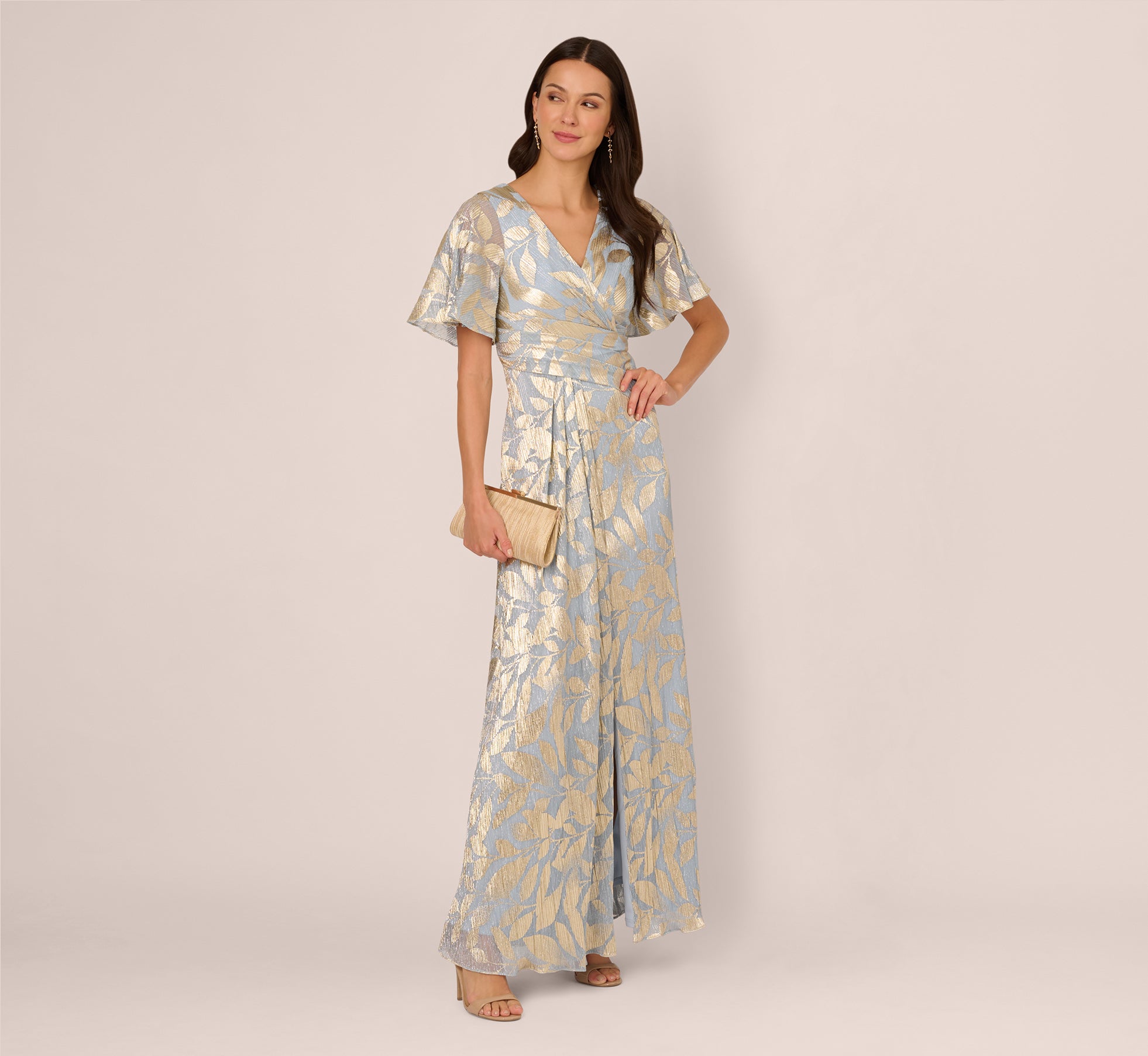 Foil Leaf Short Sleeve Gown With Draped Details In Light Blue Gold、mySite、solidvoid