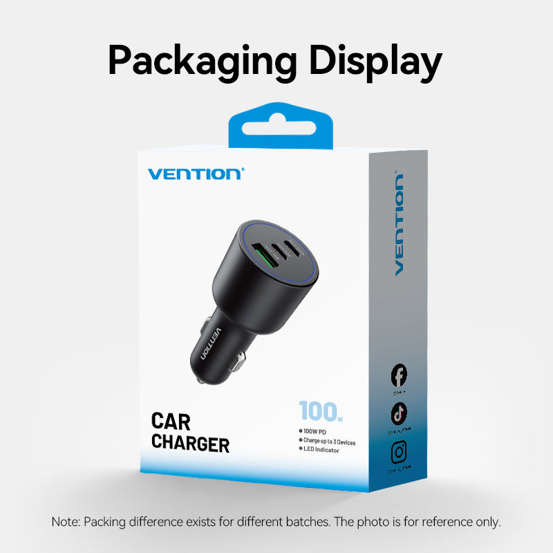 Vention Three-Port USB C+C+A (100W+30W+18W) Car Charger Black ABS Type、mySite、fannypackpong