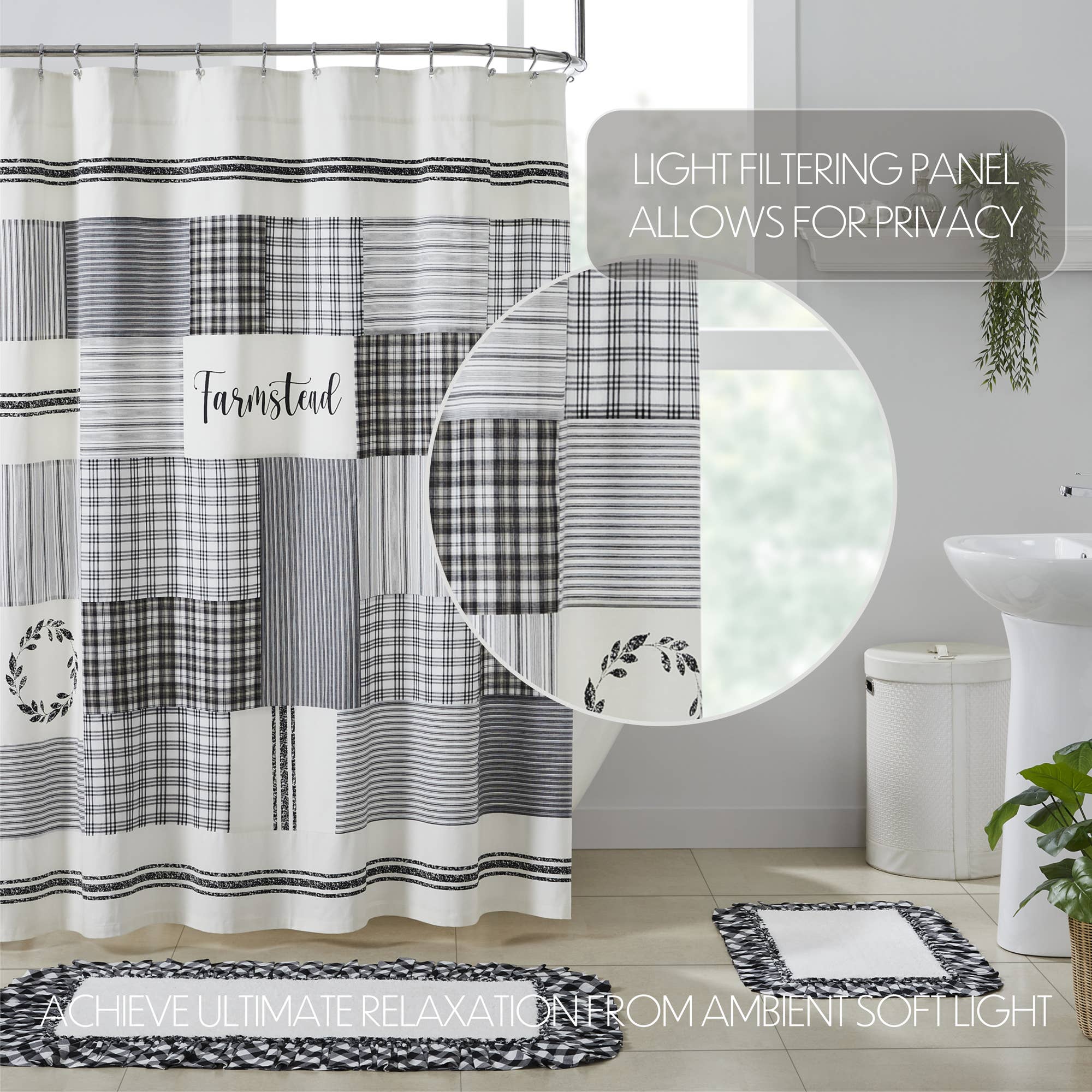 Sawyer Mill Black Stenciled Patchwork Shower Curtain 72x72、mySite、g9winljtr