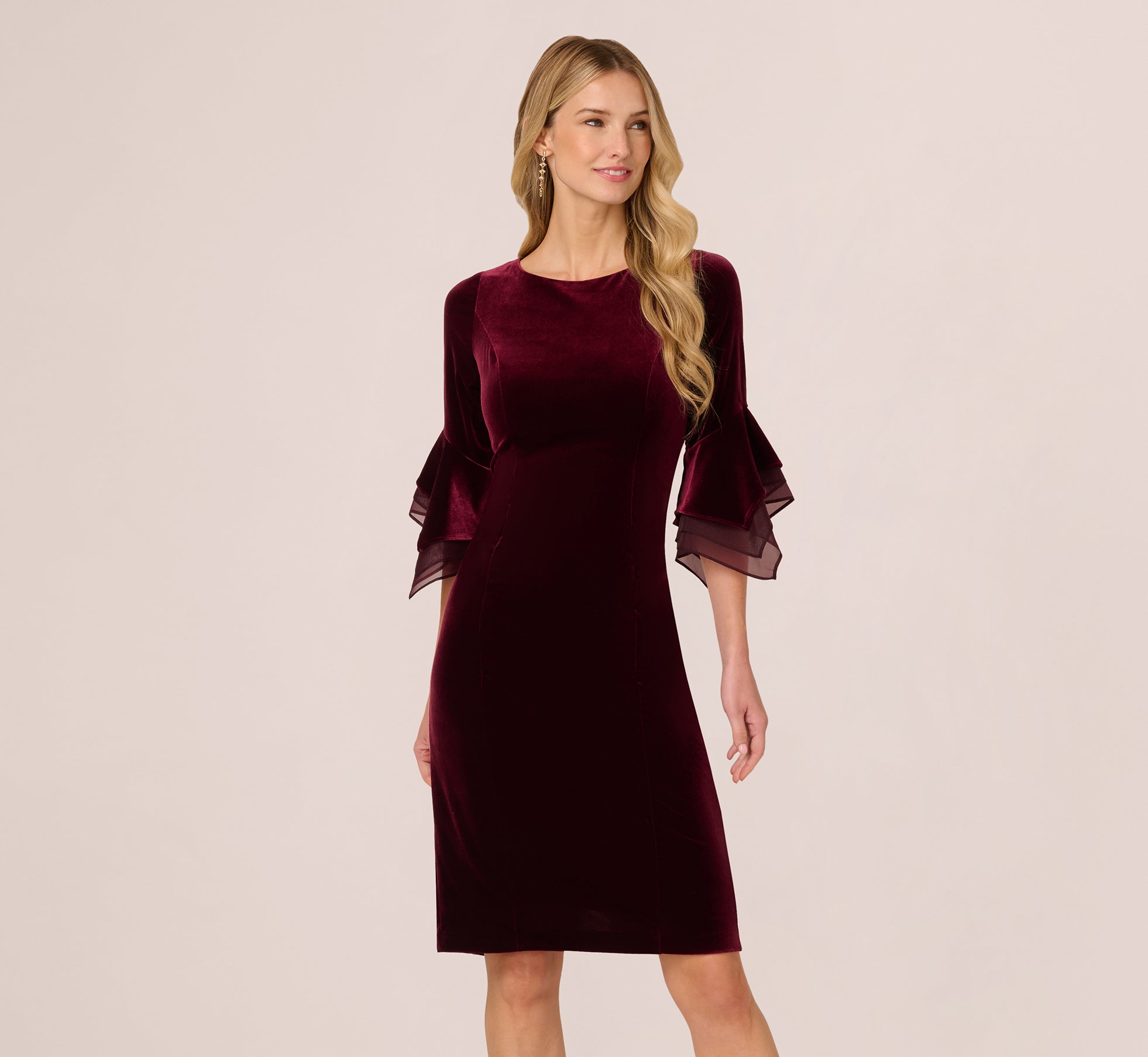 Velvet Sheath Dress With Tiered Three Quarter Sleeves In Bordeaux、mySite、solidvoid