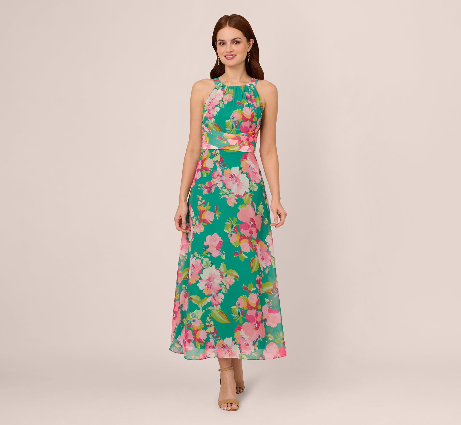 Floral Chiffon Halter Midi Dress In Green Multi、mySite、solidvoid