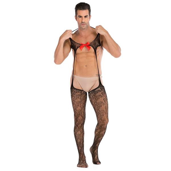Men's Open Crotch Garter Fishnet Body Suit | Black | Red Bow | Stockings | Erotic、mySite、bottomscart