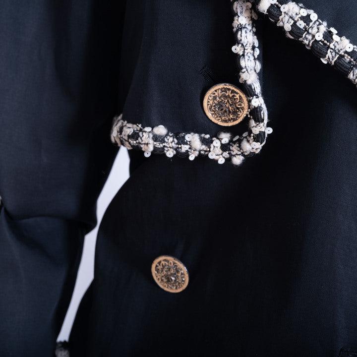 Chanel Vintage Black Trench Coat with Tweed and Chain-Link Trim Rare、mySite、garminoutage.com