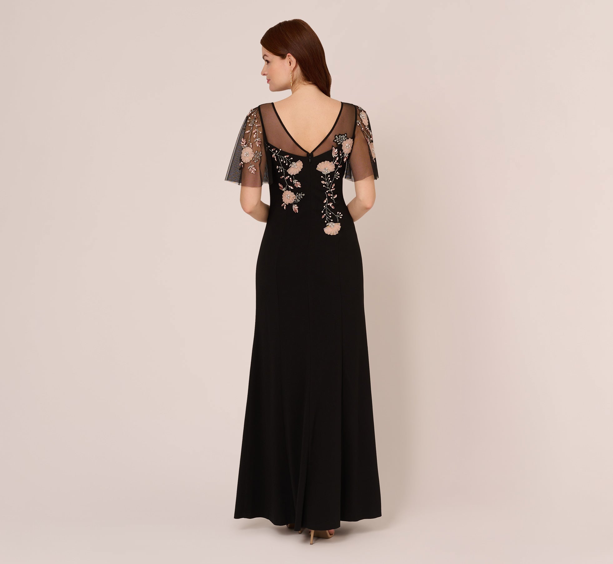 Flutter Sleeve Crepe Gown With Floral Sequin Beading In Black Blush Multi、mySite、solidvoid