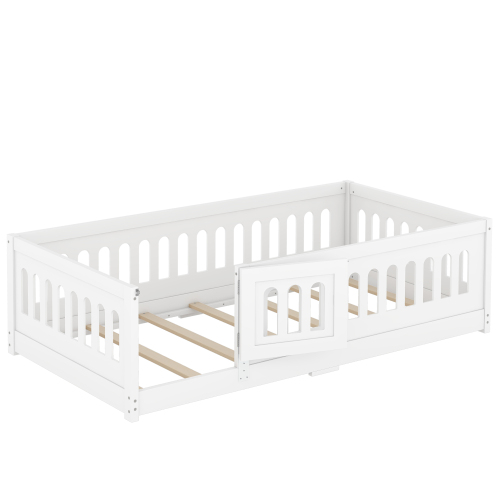 Twin Size Floor Bed with Heightened Safety Guardrails and Door, Solid Wood Bedframe with Rails for Girls, Boys, Teens, Child Bedroom, Kids Playroom, No Slats Included, White、、casual