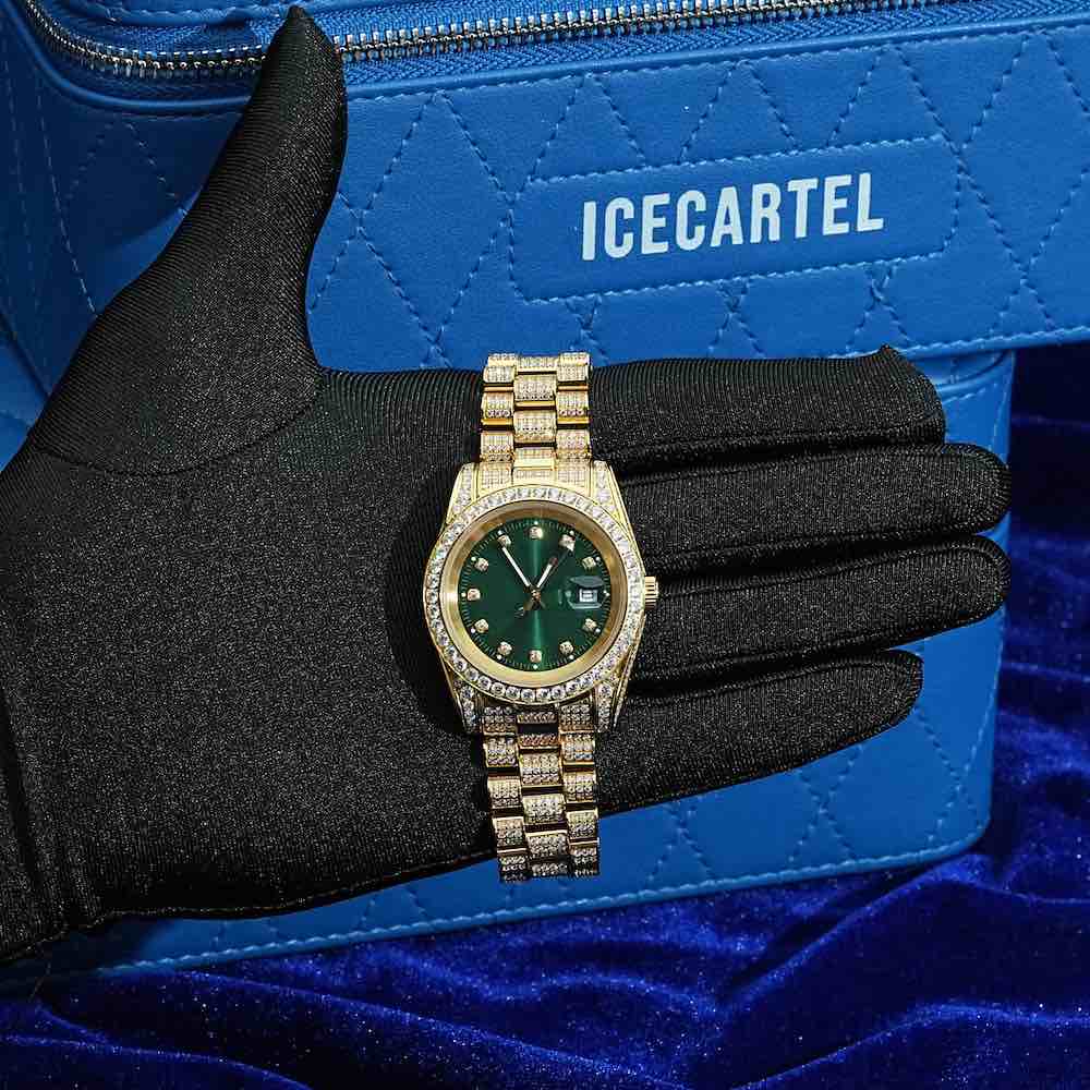 Moissanite Presidential Watch | Green Face | 41MM | 13.3CT Iced Out | 14K Yellow Gold、mySite、hinf8tx79