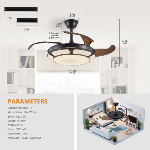42" Retractable Ceiling Fan with Light, Modern LED Chandelier Fan with Remote Control, 6 Speed Adjustable Blades, Quiet DC Motor, Dimmable Lighting for Living Room, Bedroom, Dining Room、、eastwooduniform