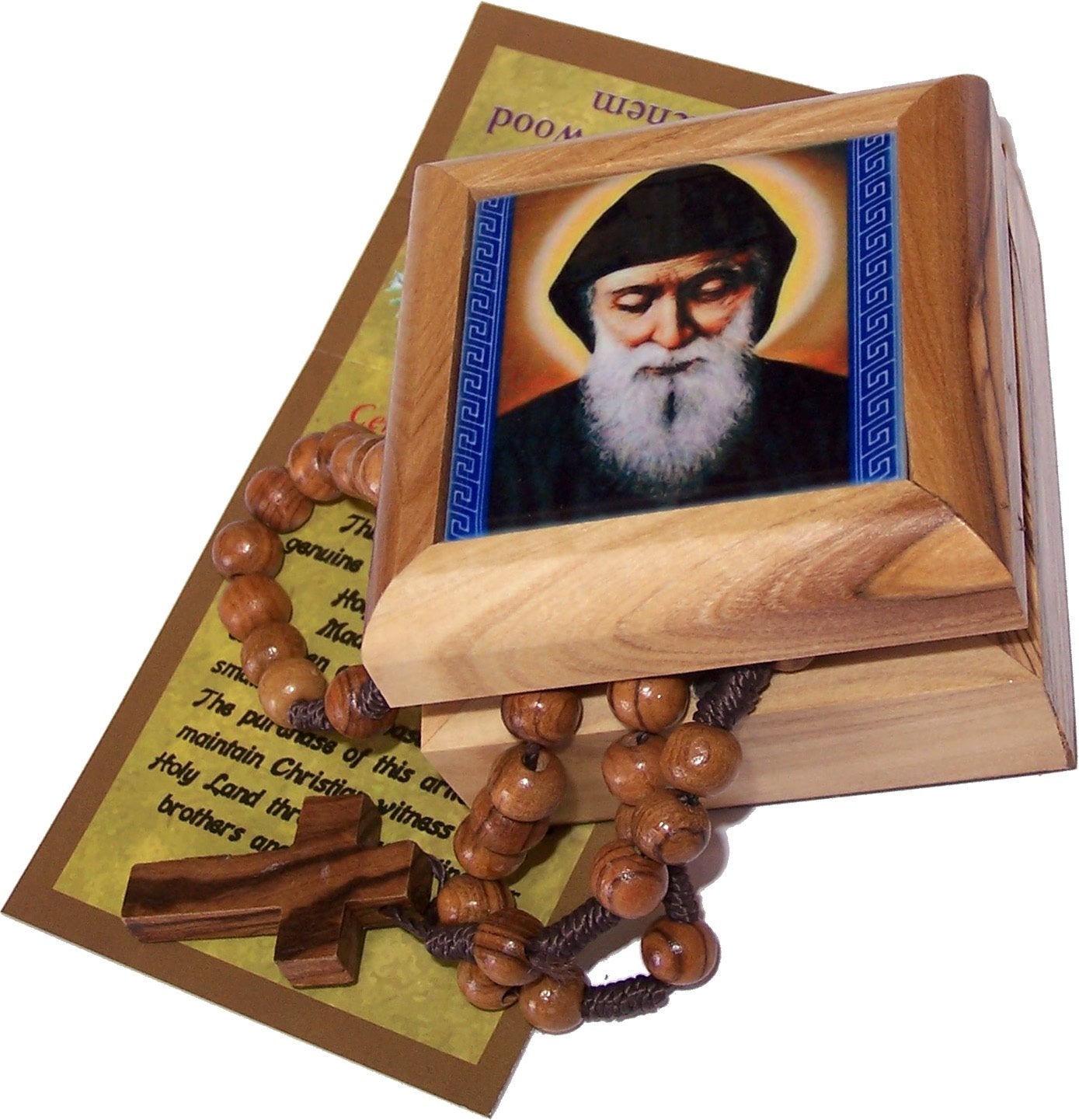  Holy Land Market Olive Wood Rosary and Box from Bethlehem (Mar Charbel - Lebanese Saint)、mySite、elrpsem3k
