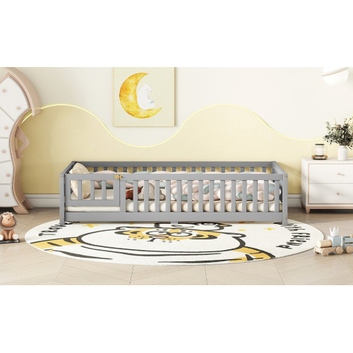 Twin Size Bed Floor Bed with Safety Guardrails and Door for Kids, Natural(Old SKU: W158090686)、、casual