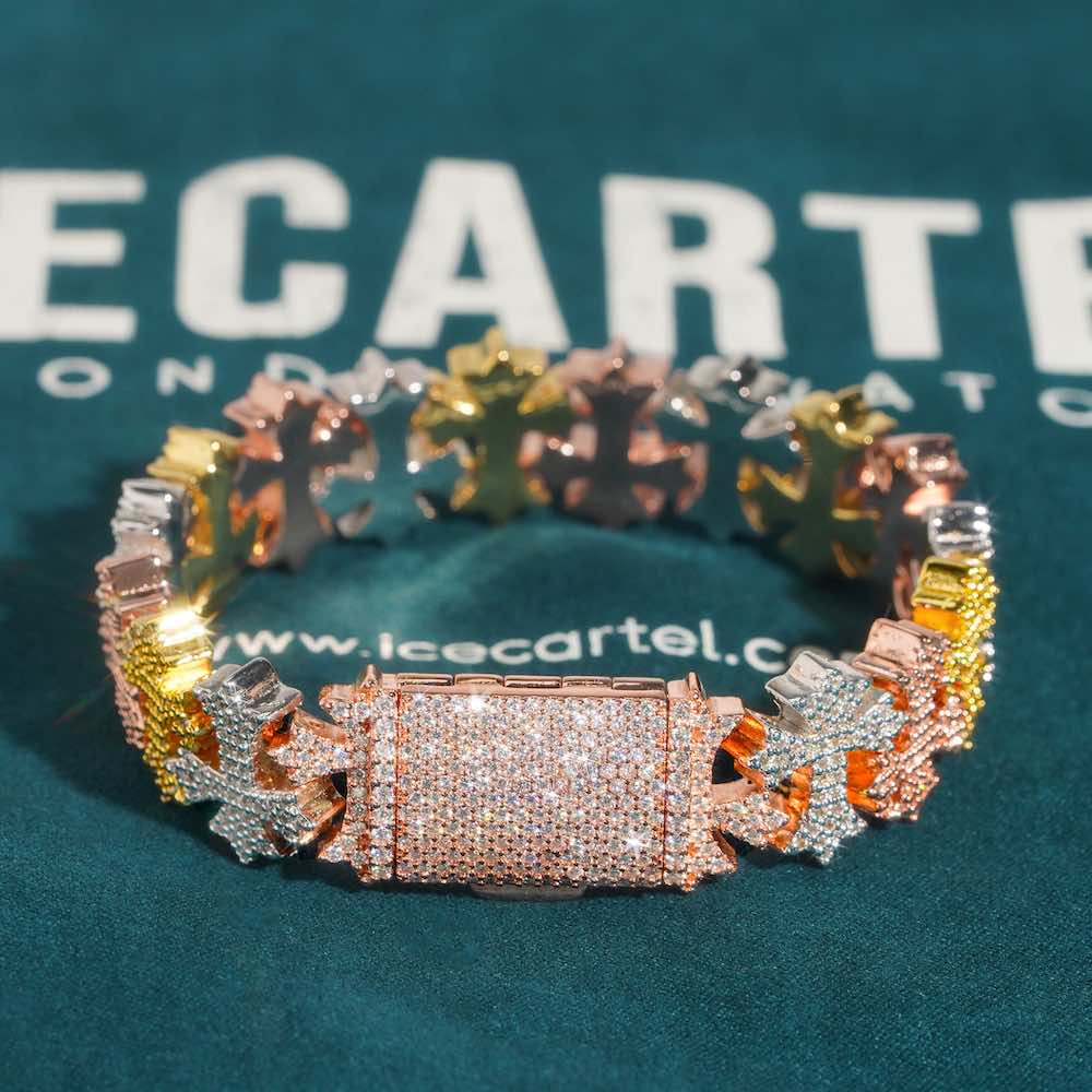 16MM Moissanite Cross Link Bracelet 14K Tri Tone、mySite、hinf8tx79