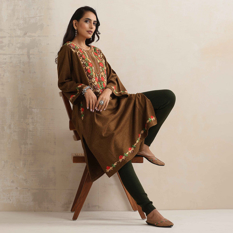 Woolen Kurta For Women | Kashmiri Embroidered | Brown、mySite、camillekostekn