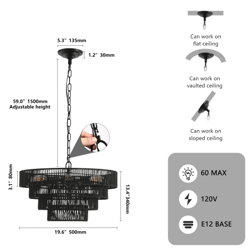 (Same as W1340P155976/L1019-4) 20" Modern 4-Layer Woven Hemp Rope Chandelier, Boho Style Pendant Light, Elegant Hanging Light Fixture for Living Room, Dining Room, Bedroom (No Bulbs)、、eastwooduniform