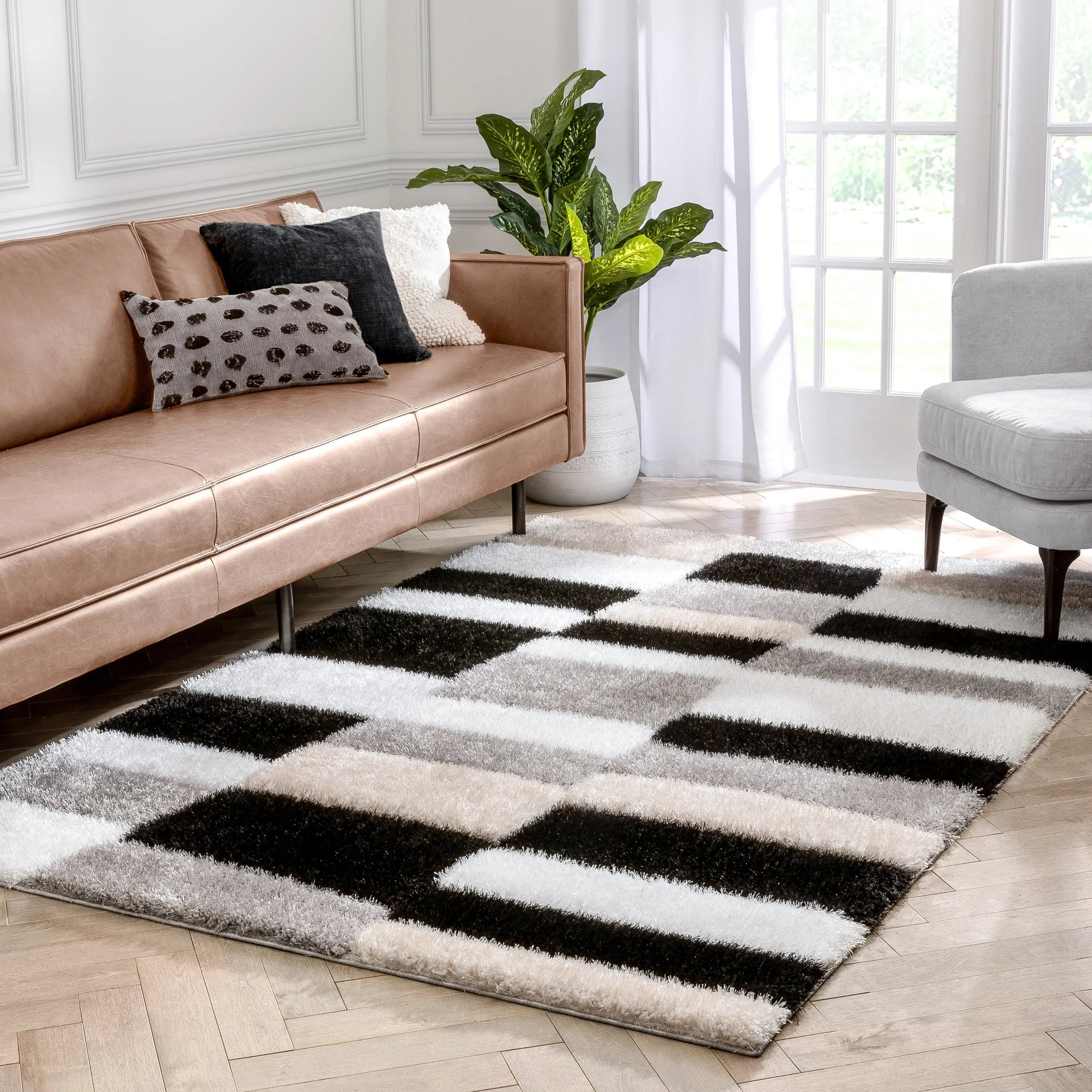 Chaska Geometric Squares Shag Ivory Black 7'10 x 9'10 3D Textured Rug、mySite、gigharbornorthrealestate