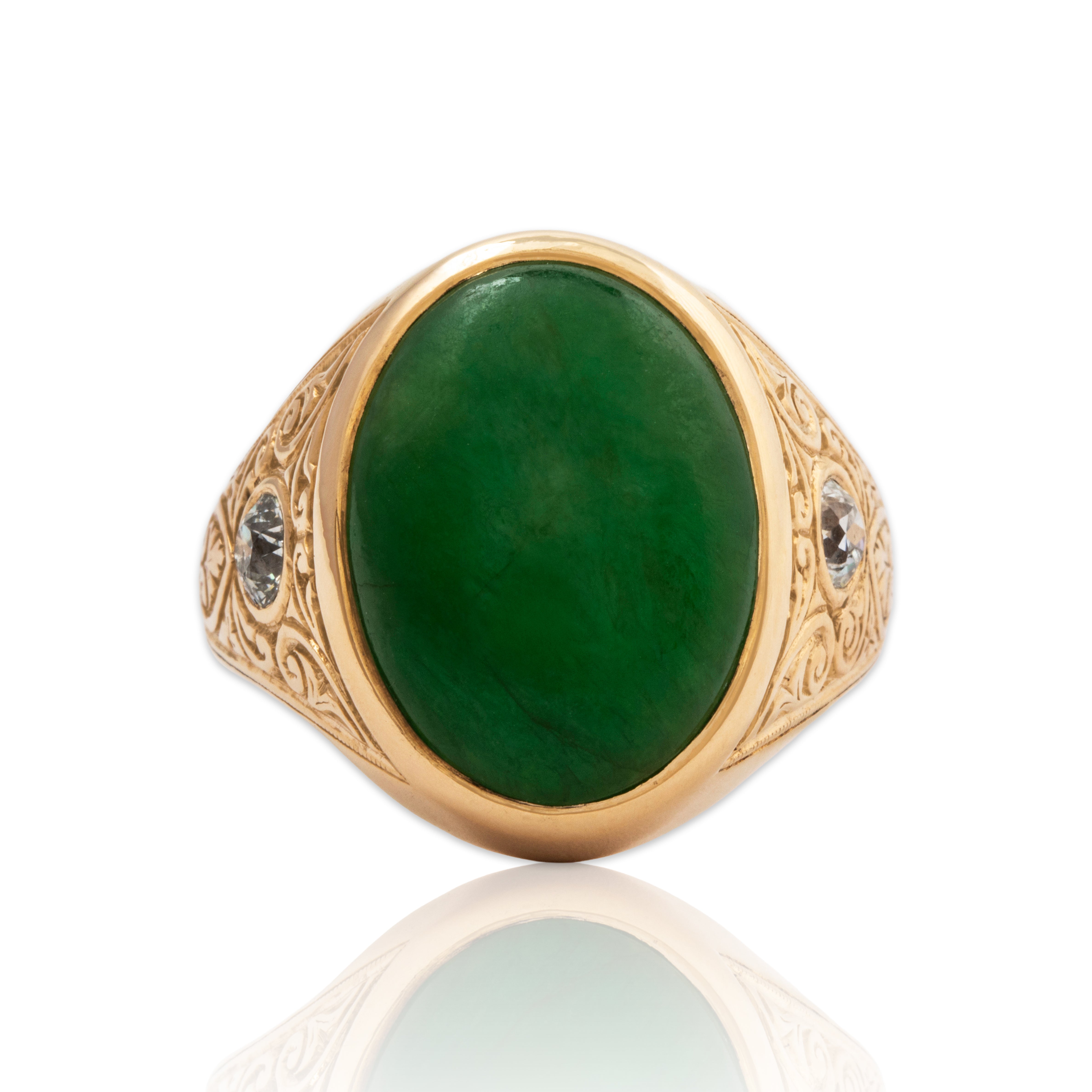 Antique Heavy 14k Rosy Yellow Gold 13ct Jade .5cttw Old European Diamond Ring、mySite、hinf8tx79