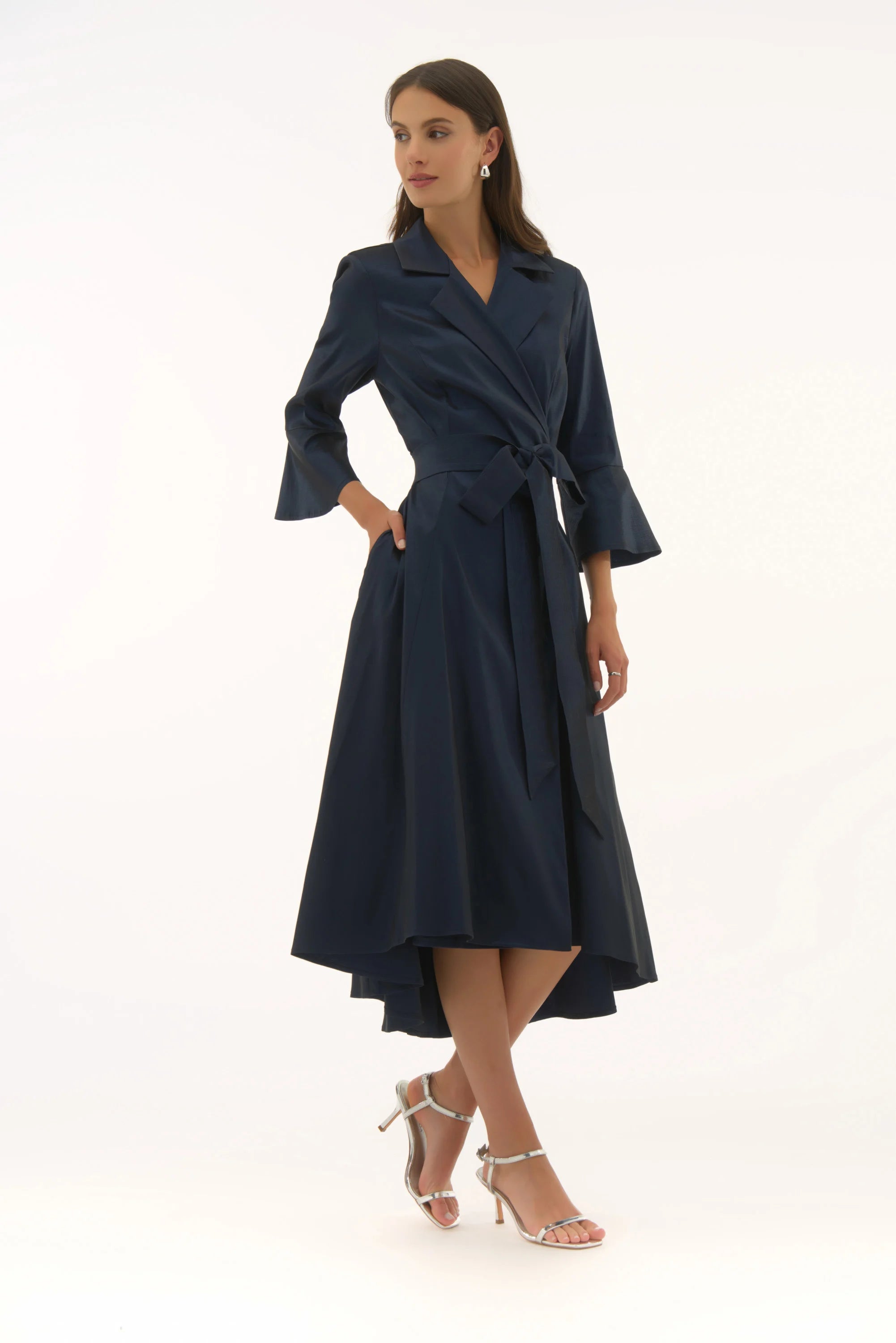 Joseph Ribkoff Stretch Taffeta High Low Wrap Dress, Midnight Blue、mySite、noshort