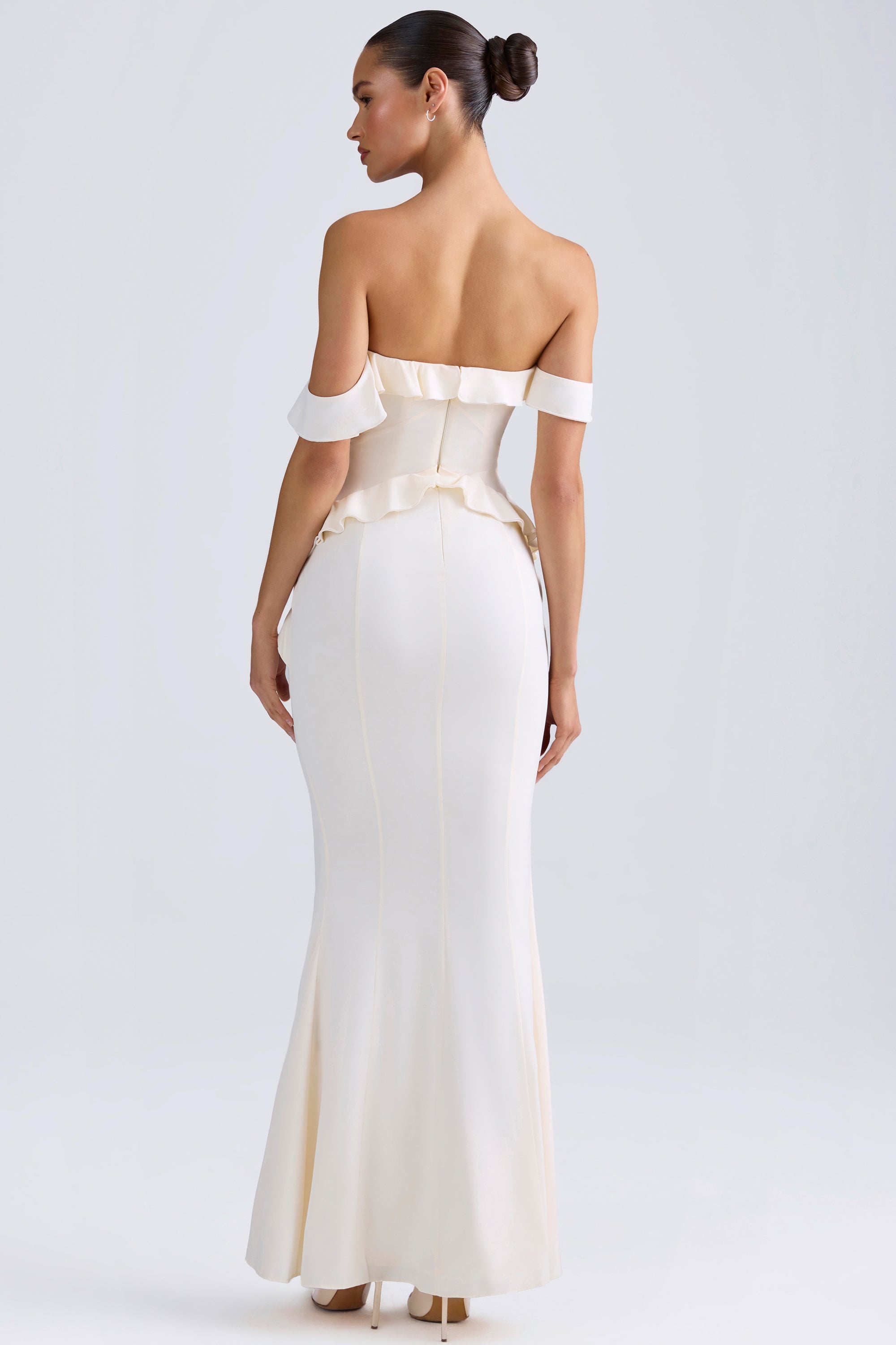 Off-Shoulder Ruffle-Trim Gown in Ivory、mySite、solidvoid