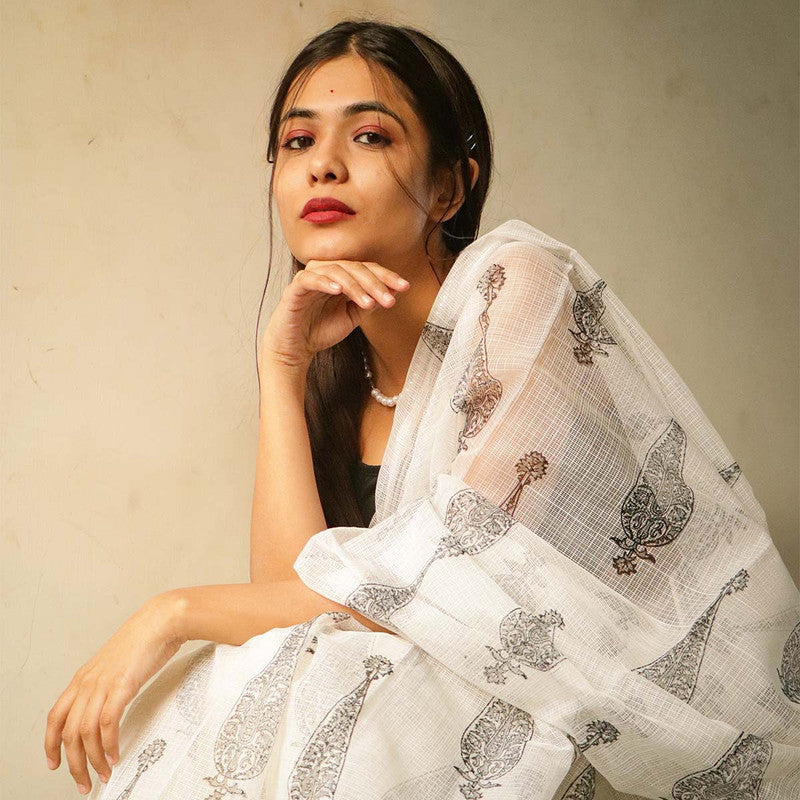 Handblock Printed Kota Doria Saree | White & Black、mySite、camillekostekn