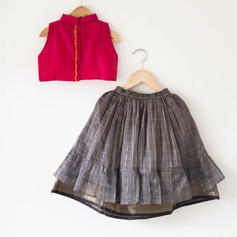 Cotton Lehenga Choli Set For Girls | Pink Choli & Checkered Grey Lehenga、mySite、camillekostekn