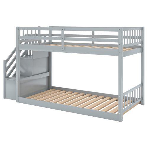 Twin over Twin Floor Bunk Bed, Ladder with Storage, Gray、、casual