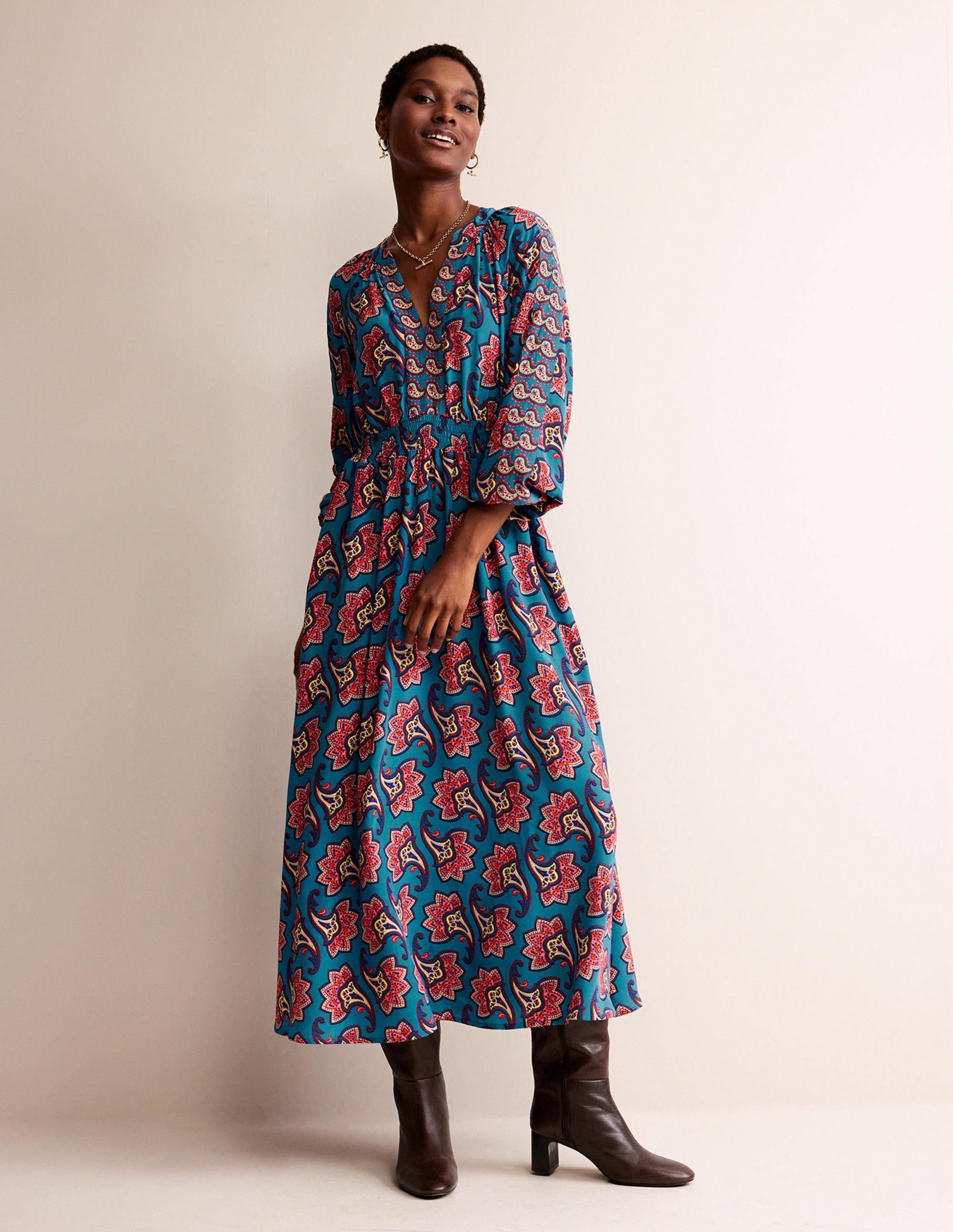  Border Print Raglan Midi Dress-Aegean Blue, Paisley Amaryllis、mySite、ashleygrahame