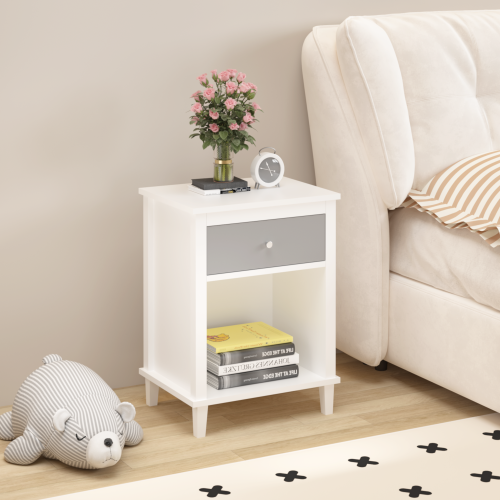 26.77''H Wooden Nightstand with One Drawer One Shelf for Kids, Adults, White+Golden handle、、casual