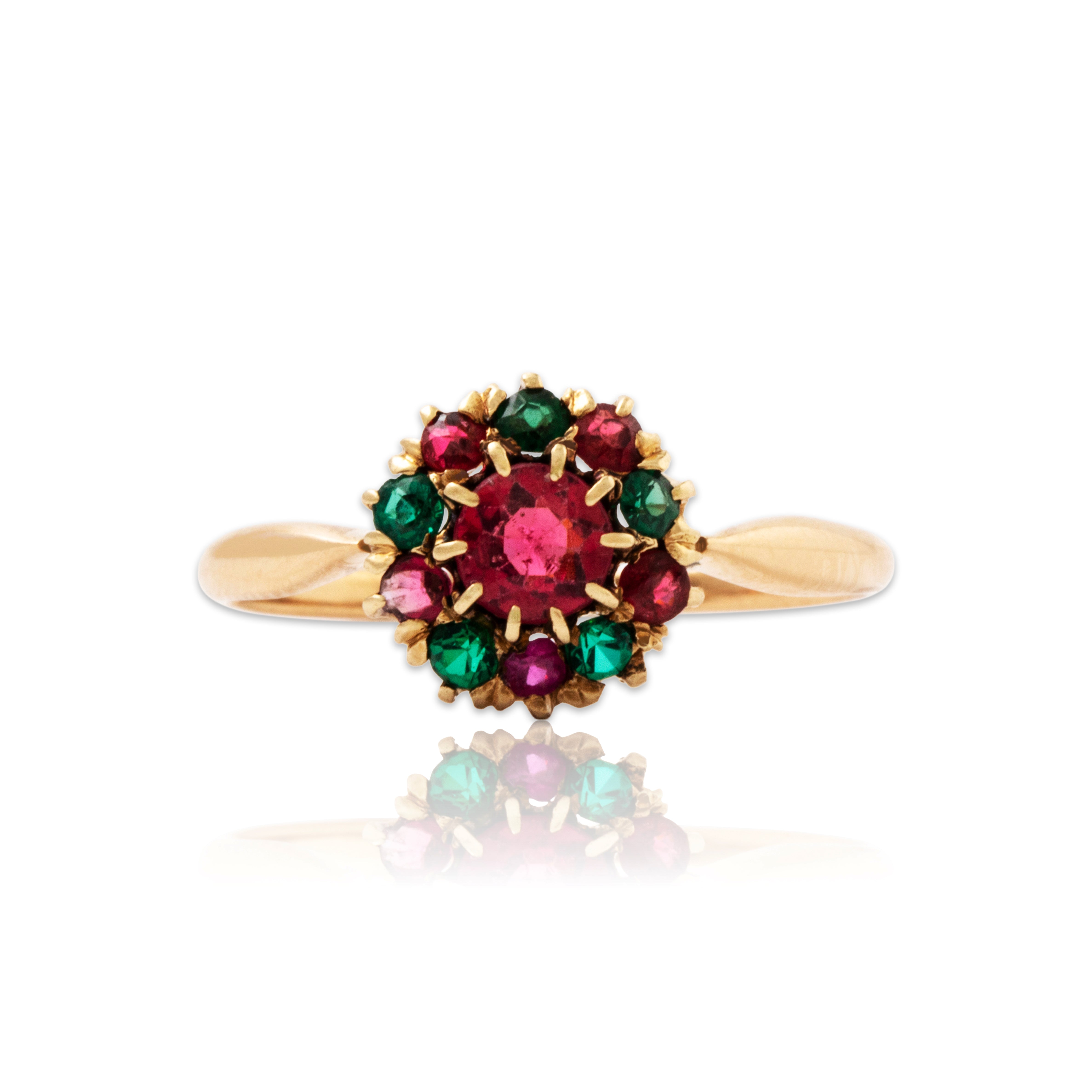 Antique 18k Yellow Gold Green & Crimson Glass Halo Ring 6.50、mySite、hinf8tx79
