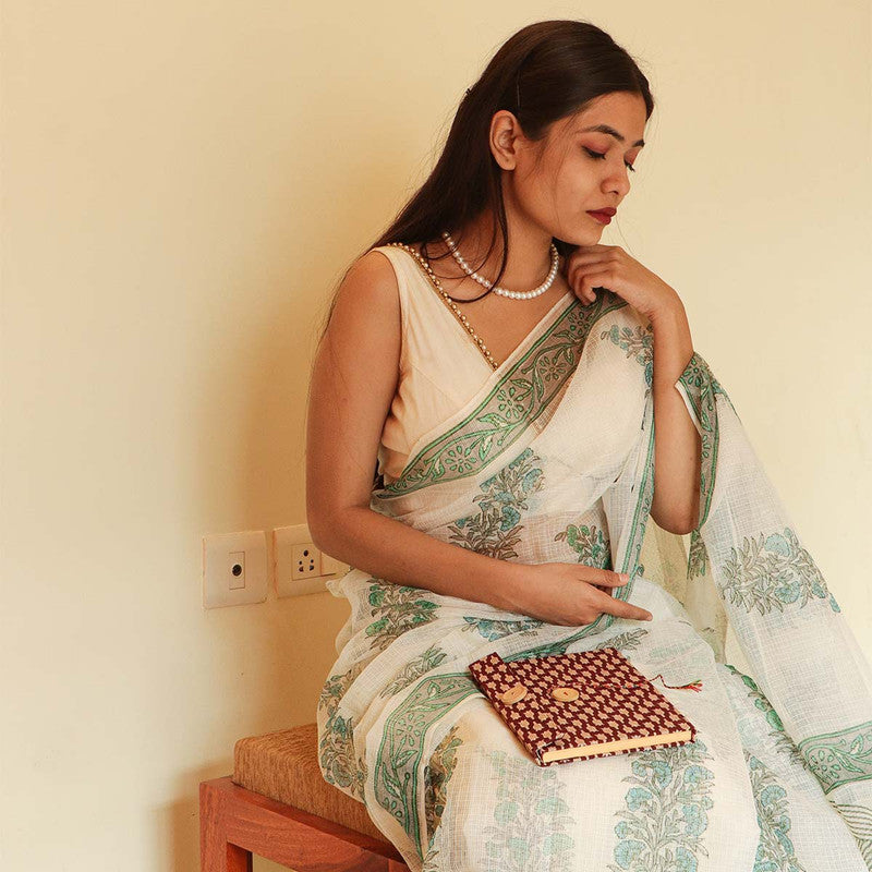 Handblock Printed Kota Doria Saree | White、mySite、camillekostekn