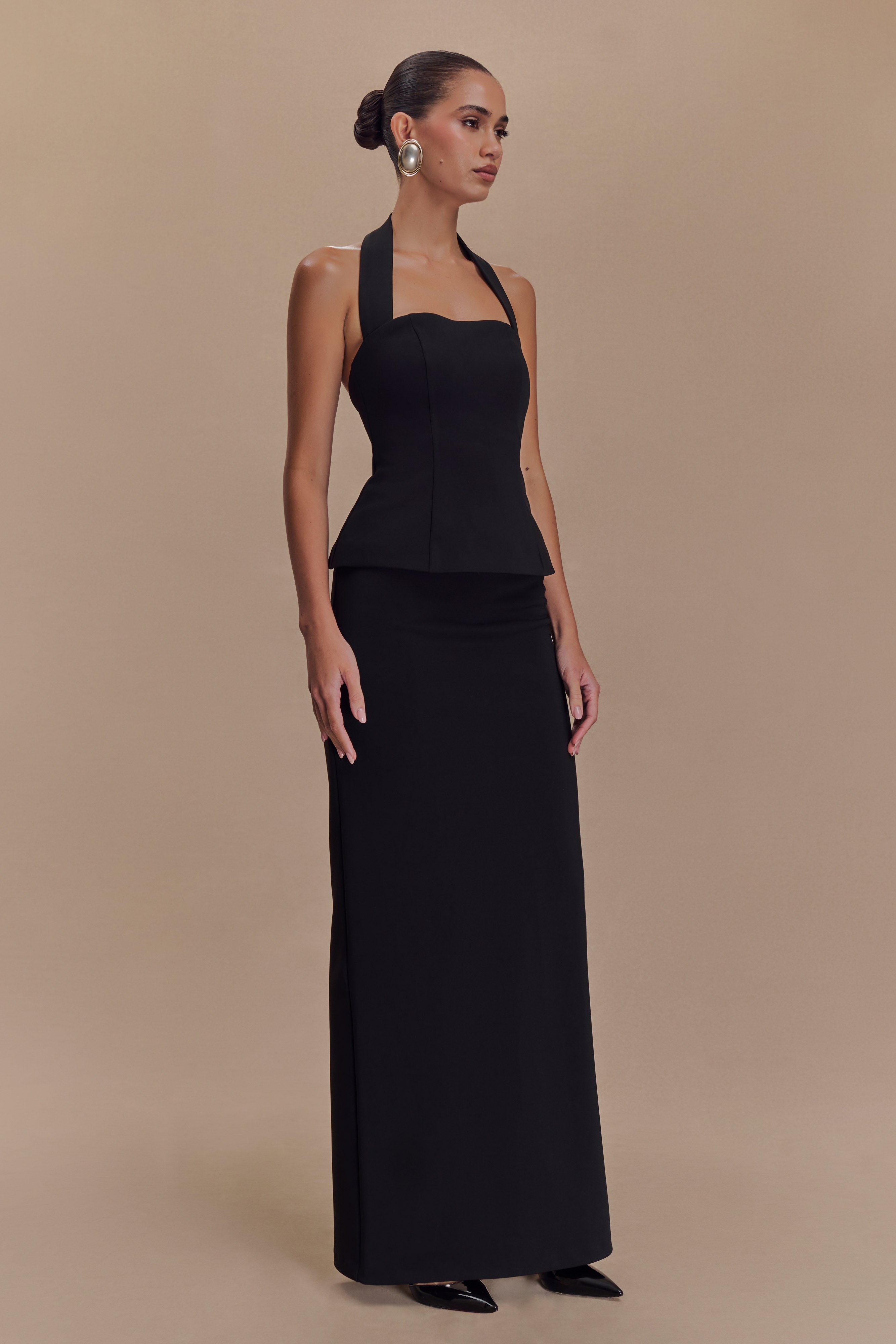 Bertie Peplum Halter Maxi Dress - Black、mySite、solidvoid
