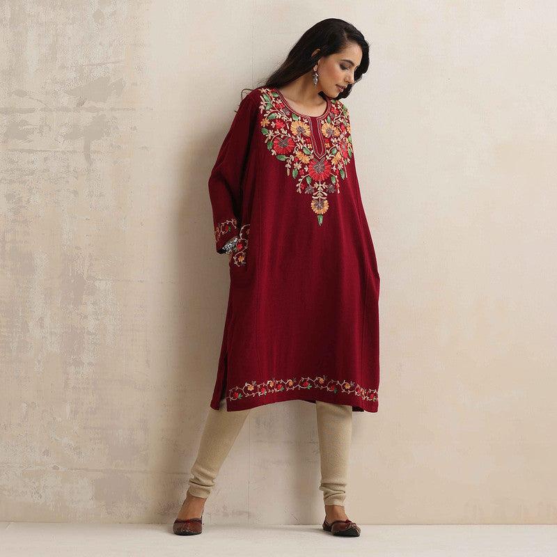 Woolen Kurta For Women | Floral Embroidered | Maroon、mySite、camillekostekn