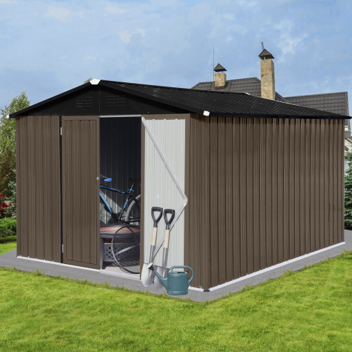 Metal garden sheds 8ftx10ft outdoor storage sheds white+coffee、、eastwooduniform