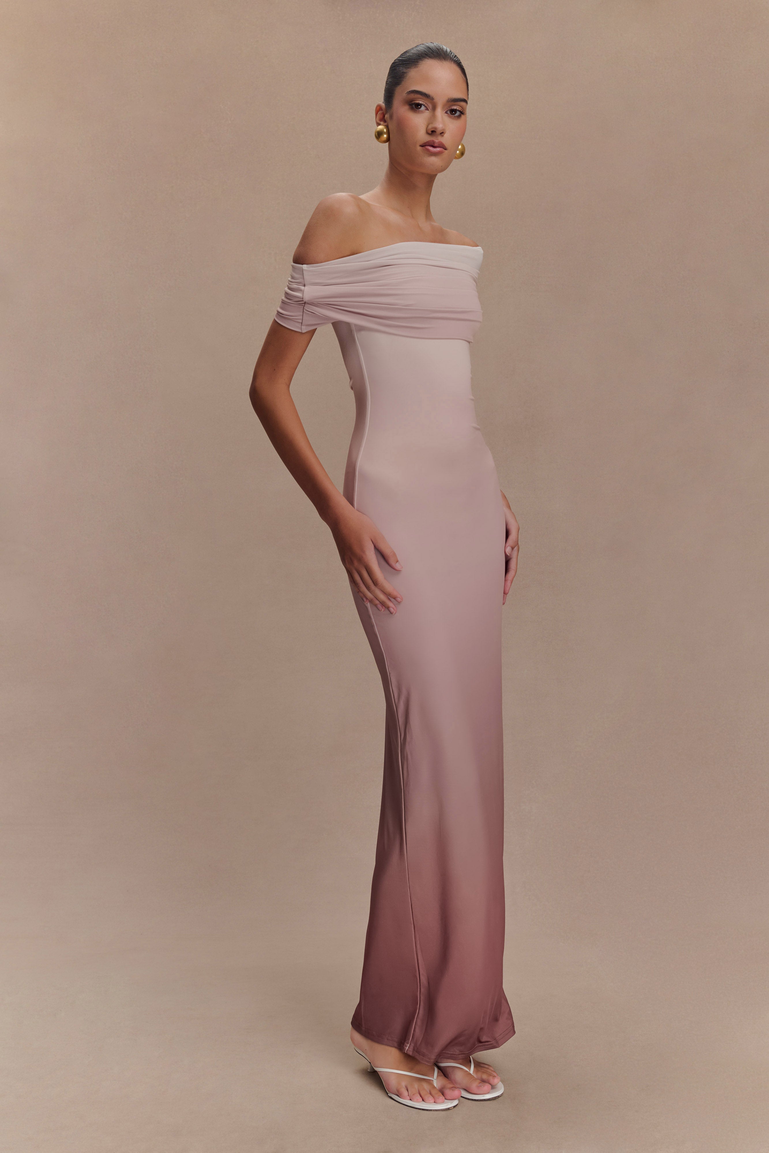Cassandra Off Shoulder Slinky Maxi Dress - Neutral Ombre、mySite、solidvoid