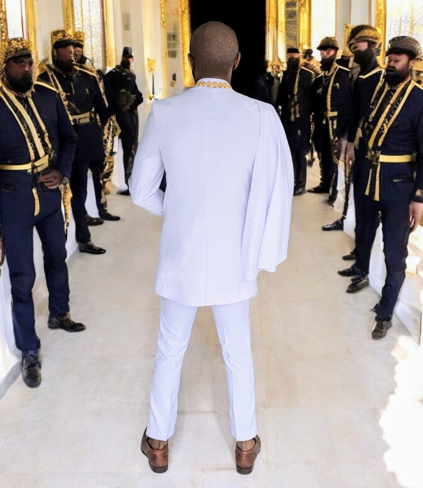 Dupsie's Taharqa Slim-Fit Long-Sleeve White African Suit with Gold Embroidery DPASWGC10、mySite、solidvoid