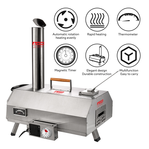 Stainless Steel Pizza Oven Outdoor 12" Automatic Rotatable Pizza Ovens,Portable Wood Fired Pizza Oven Pizza Maker with Timer, Built-in Thermometer,Pizza Cutter & Carry Bag、、eastwooduniform