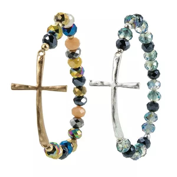 Inspirational Cross Stretch Bracelet Silver or Gold Glass Beads Affordable、mySite、g9winljtr